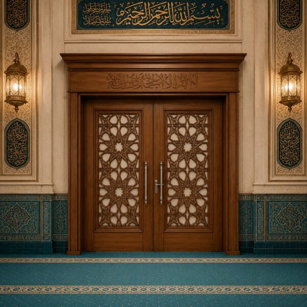 Walnut Wood Double-Leaf Mosque Door with Geometric Pattern