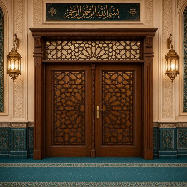 Walnut Wood Sliding Mosque Door with Geometric Pattern