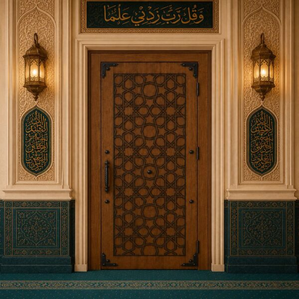Geometric Patterned Walnut Wood Single Leaf Mosque Door