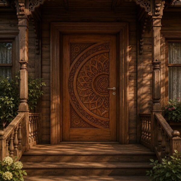 Half Mandala Pattern Walnut Wooden Single Door
