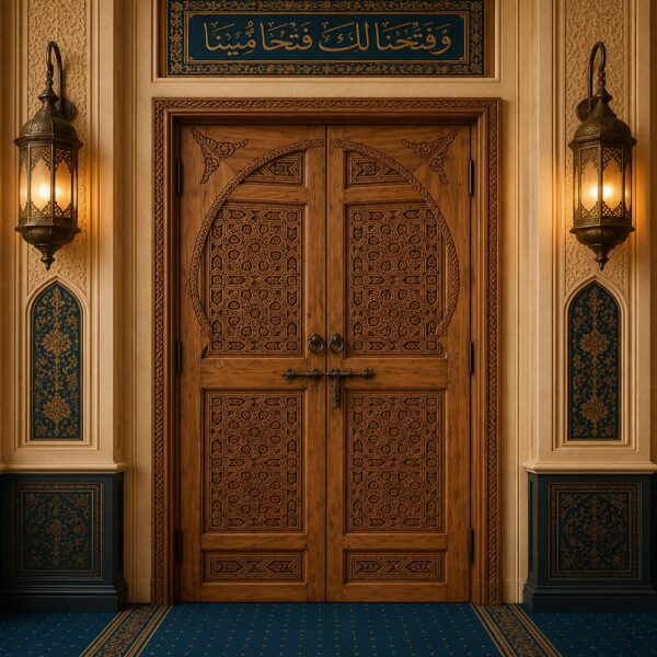 Walnut Wood Double-Wing Mosque Door with Islamic Motifs