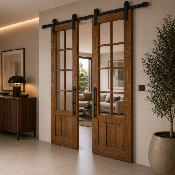 Double Glass Panel Wooden Sliding Barn Door