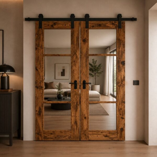 Double Glass Wooden Sliding Barn Door System