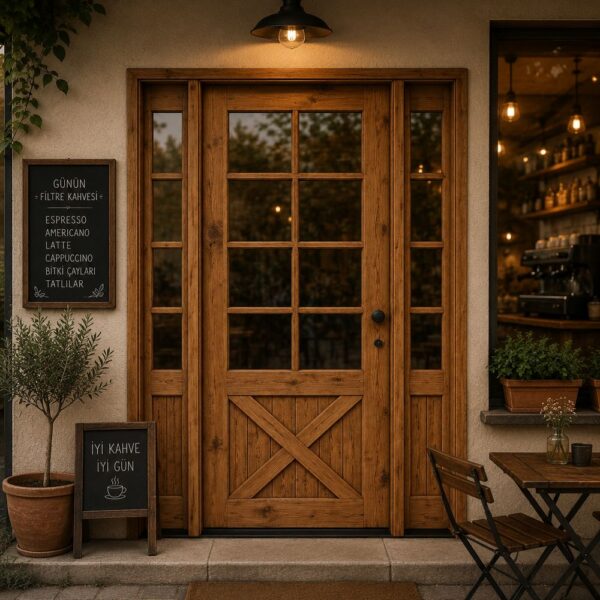 Rustic Wooden Cafe Entry Door with Glass Panels
