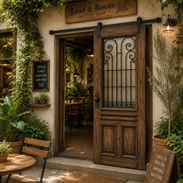 Rustic Glazed Wooden Cafe Entrance Door