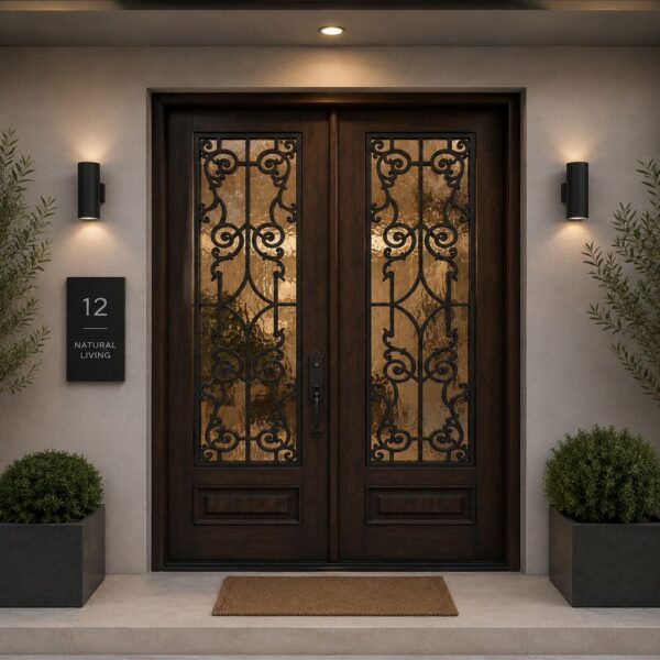 Wrought Iron Glass Double Entry Wooden Door