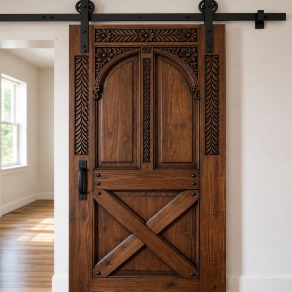 Decorative Walnut Sliding Barn Door with Arch Panels