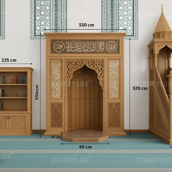 Ölçülü Ahşap Cami İç Mekân Seti – Mihrap, Minber ve Kitaplık