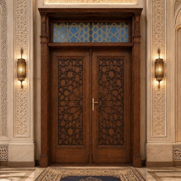 Seljuk Model Decorative Walnut Mosque Interior Double Door with Transom