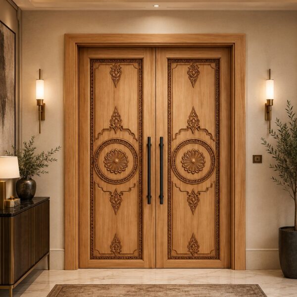 CNC Carved Walnut Wood Double-Leaf Mosque Door