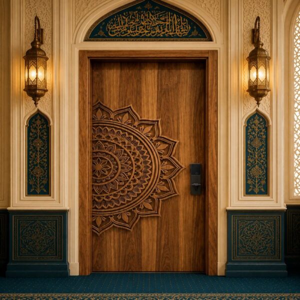 Modern Single Leaf Walnut Wood Door with Mandala Pattern