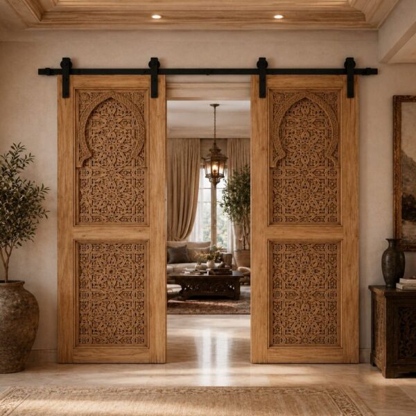 Islamic Pattern Walnut Wooden Double Sliding Door
