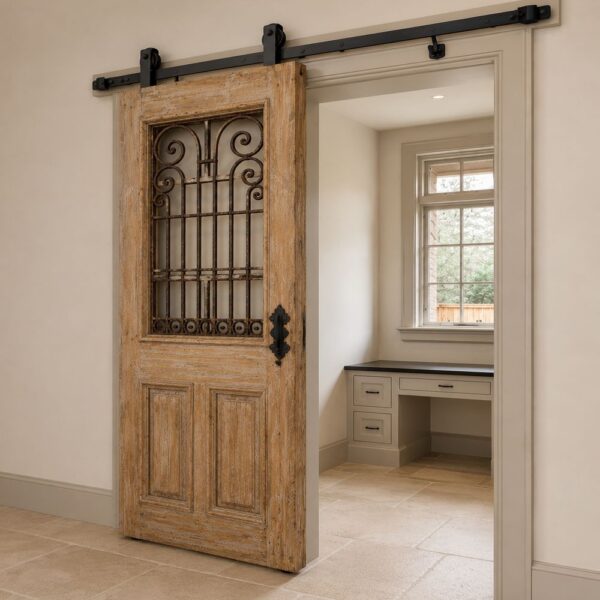 Rustic Wooden Sliding Door with Wrought Iron