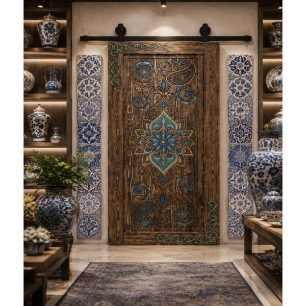 Hand-Painted Floral Motif Walnut Wooden Sliding Door
