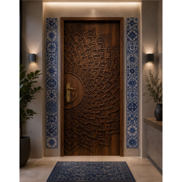 Embossed Mandala Pattern Walnut Wooden Single Door