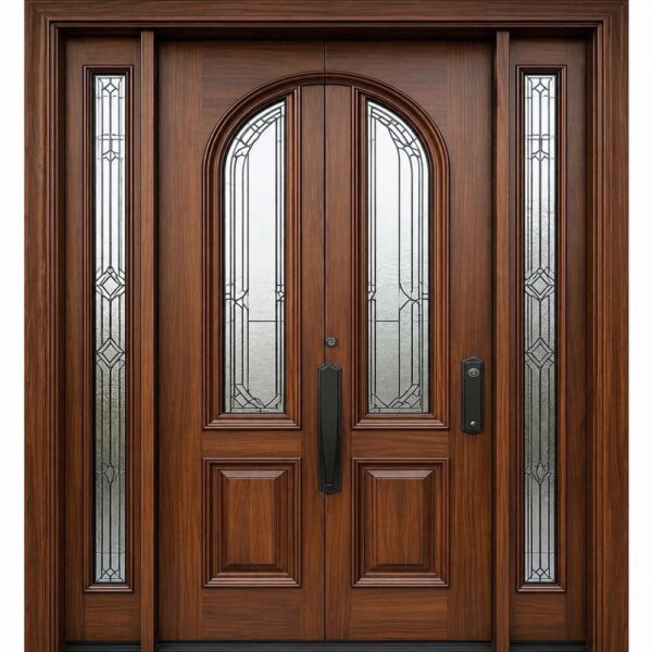 Arched Walnut Glass Double Entrance Door