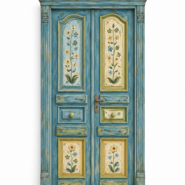 Hand-Painted Floral Distressed Double Wooden Door