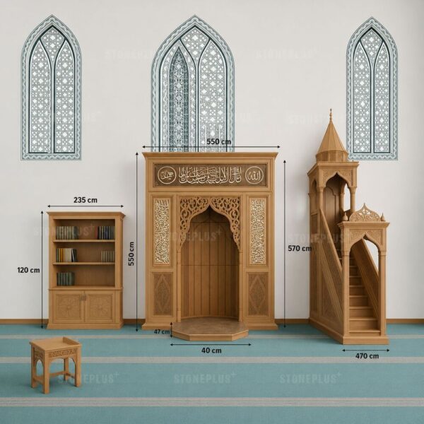 Ölçülü Ahşap Cami İç Mekân Seti – Mihrap, Minber ve Kitaplık