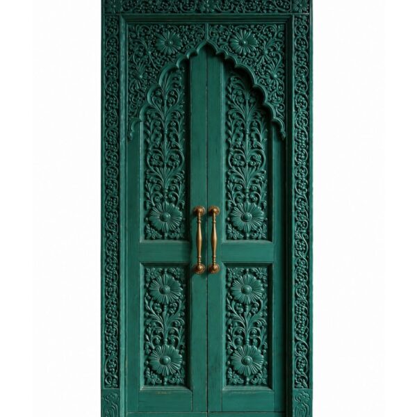 Emerald Green Floral Carved Walnut Wooden Double Door