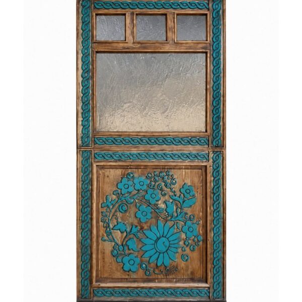 Turquoise Floral Glass Walnut Wooden Door