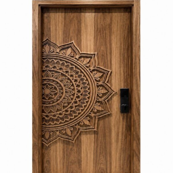 Modern Single Leaf Walnut Wood Door with Mandala Pattern