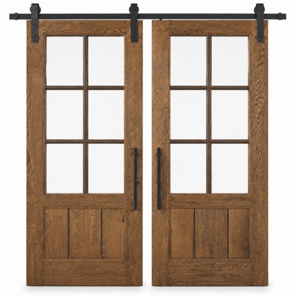 Double Glass Panel Wooden Sliding Barn Door