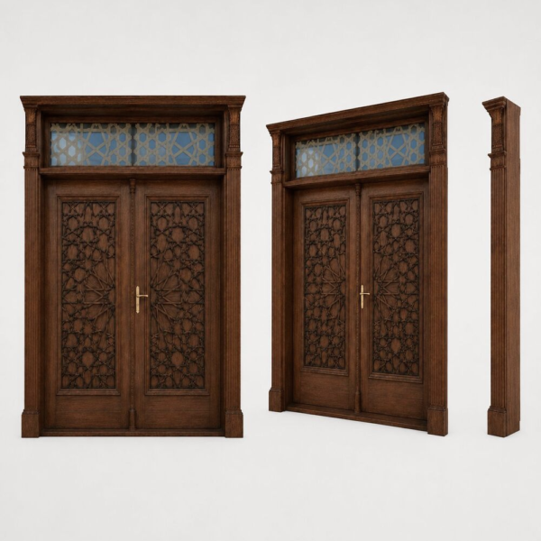 Seljuk Model Decorative Walnut Mosque Interior Double Door with Transom