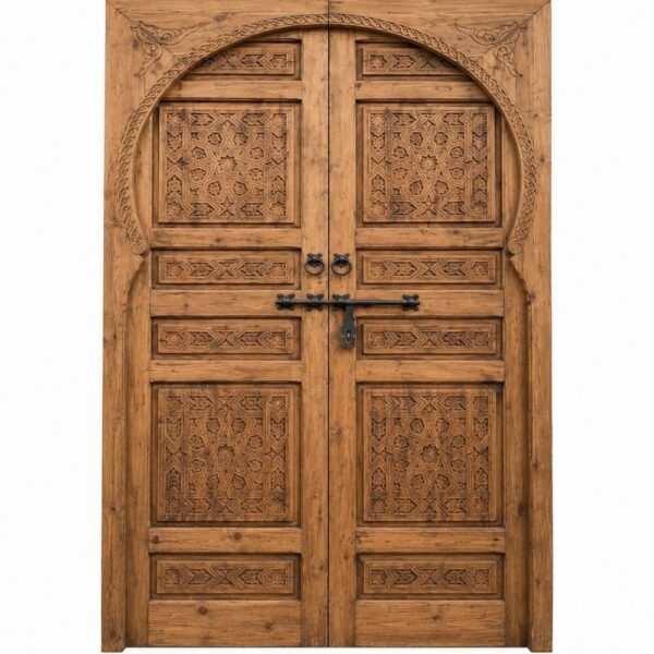 Arched Geometric Pattern Walnut Wooden Double Door