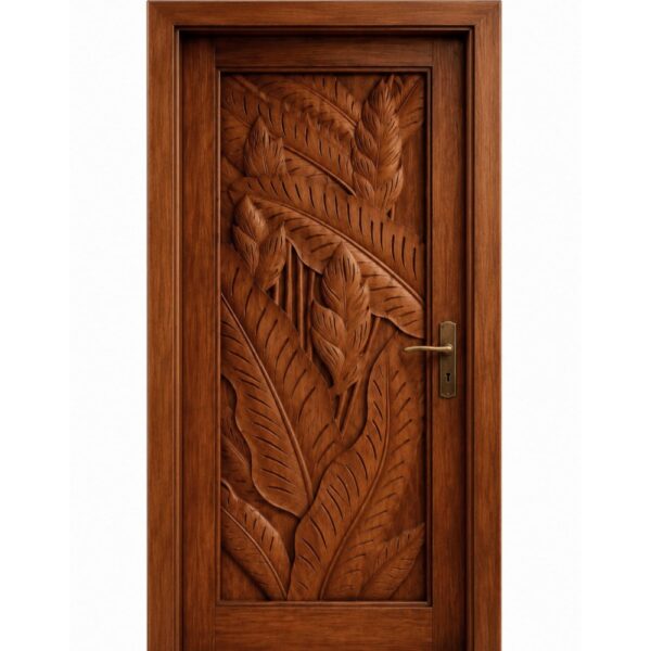 Leaf Motif Walnut Wooden Single Door