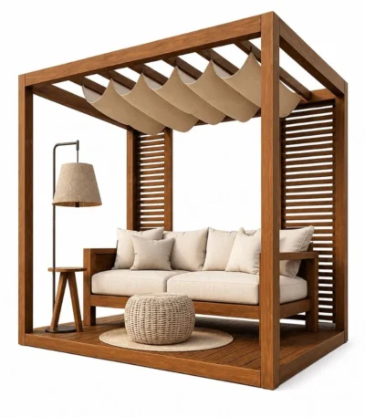 Modern Ahşap Pergola Oturma Alanı – Model KM-0024