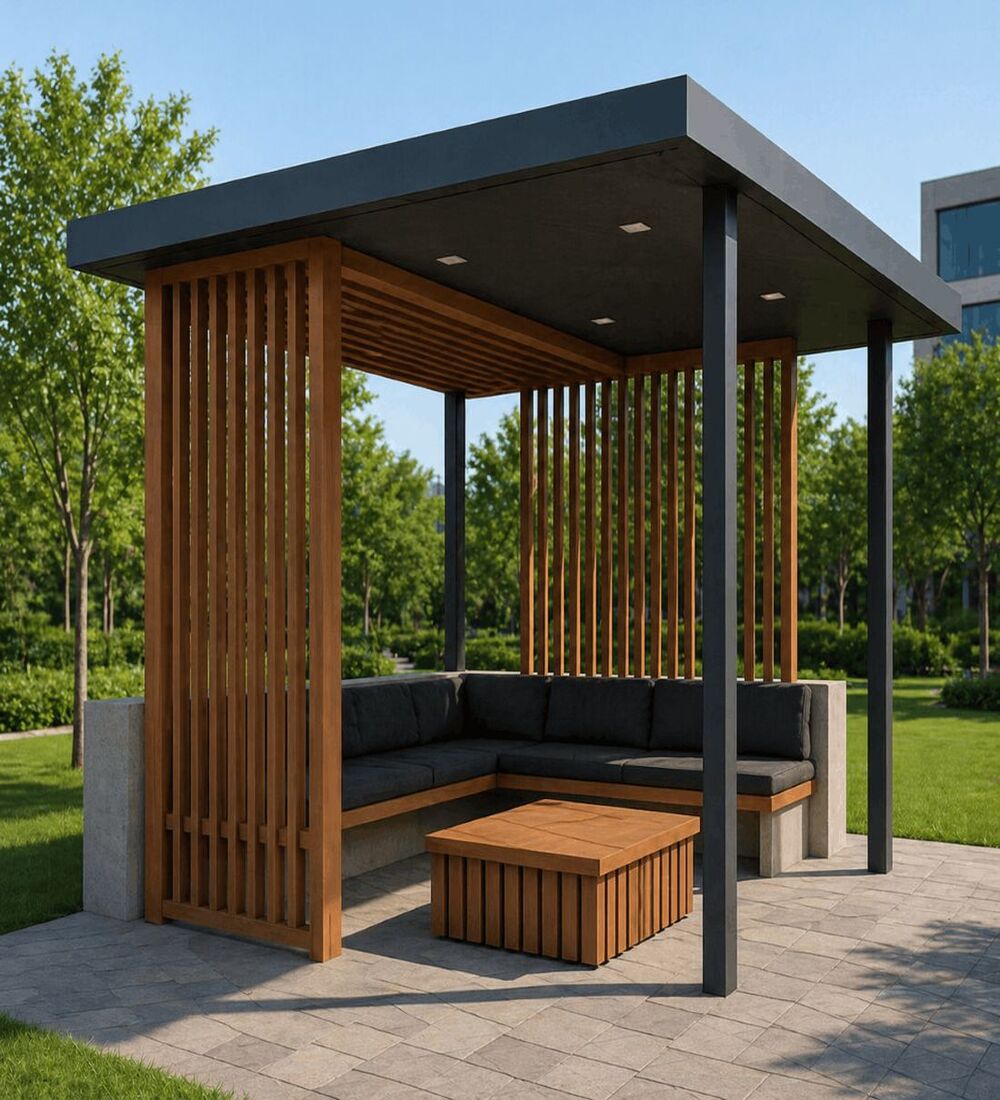 Modern Ahşap Pergola Oturma Alanı – Model KM-0025 Modern Ahşap Pergola Oturma Alanı – Model KM-0025