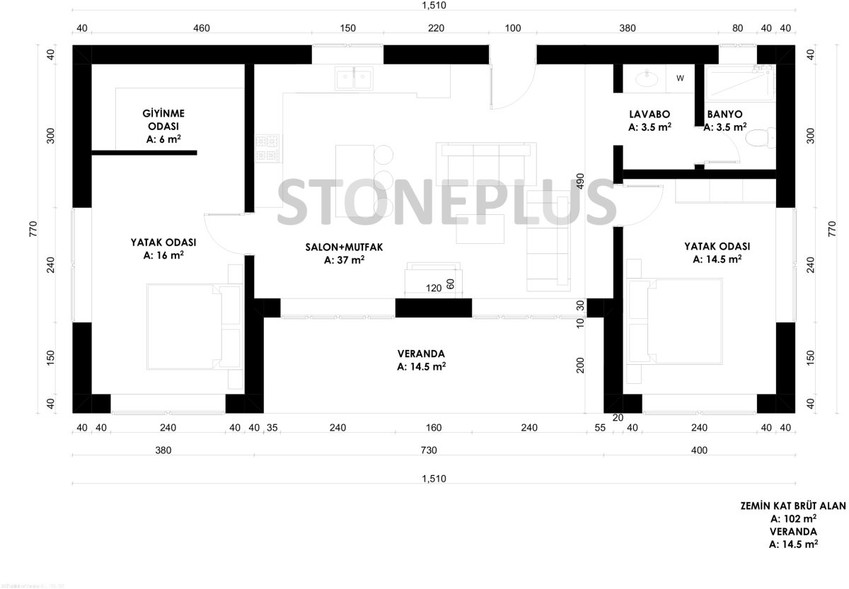 Stoneplus Poyraz 102+14 m2 Tek Kat Taş Ev Projesi